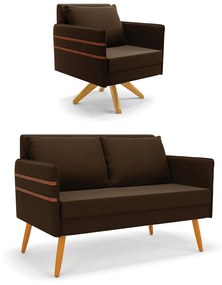 Kit 01 Namoradeira 02 Lugares e 01 Poltrona Mari Suede Base de Madeira MA30 - Marrom
