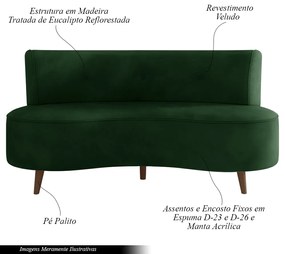 Sofá Living 2 Lugares 135cm Aang Pés Palito Veludo Verde G33 - Gran Belo