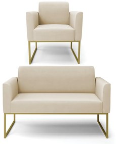 Sofá Namoradeira com Poltrona Base Industrial Dourado Marisa Suede D03 - D'Rossi - Bege