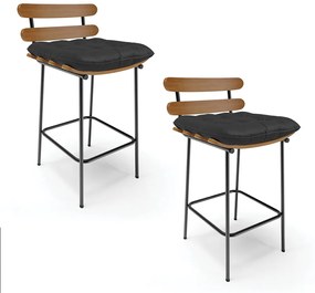 Kit 02 Banquetas Costela Corino Preto Base Metálica Preto - D'Rossi