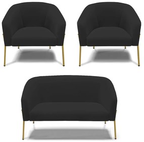 Namoradeira e 2 Poltronas Pé de Ferro Dourado Stella Veludo D03 - D'Rossi - Preto