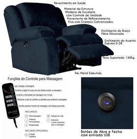 Poltrona do Papai Reclinável Elétrica com Massagem e USB Magnum Veludo Azul Clássico G23 - Gran Belo