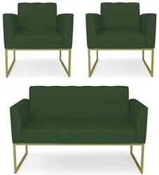 Sofá Namoradeira e 2 Poltronas Base Industrial Dourado Ana Veludo Luxo