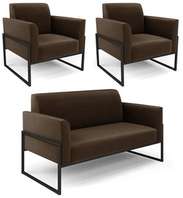 Sofá Namoradeira com 2 Poltronas Base Industrial Alta Preto Marisa Suede D03 - D'Rossi - Marrom