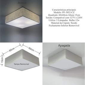 Plafon Quadrado Md-3052 Cúpula em Tecido 60x60x15cm Rústico Cinza - Bivolt