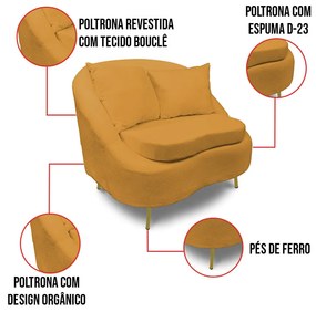 Poltrona Decorativa Orgânica Pé Ferro Dourado Zaya Bouclê C05 - D'Rossi - Mostarda