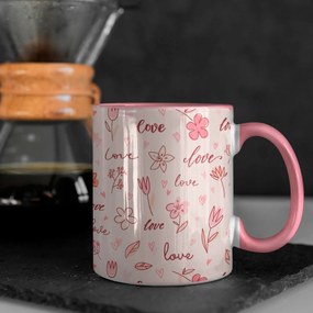 Caneca Amor e Flores Love and Flowers Interior e Alça Rosa