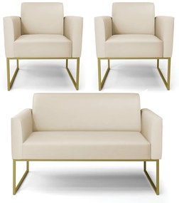 Sofá Namoradeira com 2 Poltronas Base Industrial Dourado Marisa Corino D03 - D'Rossi - Bege
