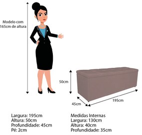 Calçadeira Estofada Manchester 195 cm King Size Linho Rosê - ADJ Decor