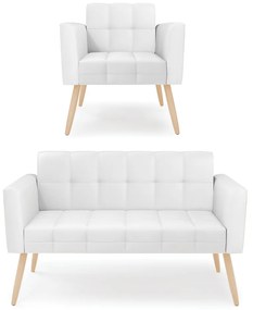 Kit 1 Sofá Namoradeira e 1 Poltrona Elisa Corino Branco Pés Palito Natural - D'Rossi