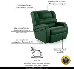Poltrona do Papai Sala de Cinema Reclinável Kylie Glider Manual Giratória PU Verde Musgo G23