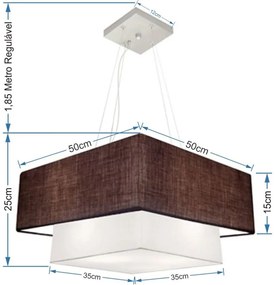Lustre Pendente Duplo Quadrado Vivare Md-4066 Cúpula em Tecido 50x35cm Café - Branco - Bivolt
