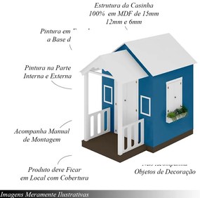 Casinha de Brinquedo MDF com Varanda Artesanal Branco/Azul L12 - Gran Belo