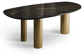 Mesa de Jantar Nyanza Tampo Orgânico em Vidro Marmorizado Bases Cilíndricas em Aço Carbono com Pintura Epóxi
