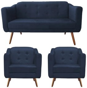 Kit Namoradeira + 2 Poltronas Bruna Pé Palito Suede Azul Marinho