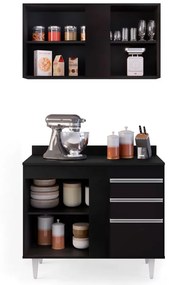 Kit Armário Aéreo e Balcão de Cozinha Lavanderia Aurora com Tampo 100 cm - D'Rossi - Preto