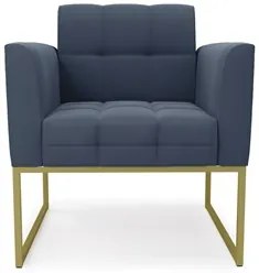 Sofá Namoradeira e 2 Poltronas Base Industrial Dourado Ana Suede Azul