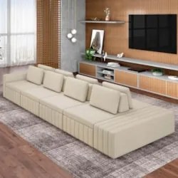 Sofá Ilha e Puff Sala Living 465cm Siesta M22 Linho Areia    - Mpozena