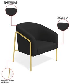 Poltrona Sala Industrial Alta Dourado Stella Veludo D03 - D'Rossi - Preto