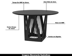 Mesa Sala de Jantar 4 Lugares 135cm Tampo Redondo de Vidro Giaguaro Preto/Ébano G13 - Gran Belo
