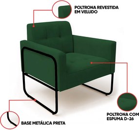 Poltrona Sala Industrial Alta Tubo Preto Kit 2 Elisa Veludo D03 - D'Rossi - Verde