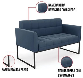 Kit 1 Sofá Namoradeira e 2 Poltronas Elisa Suede Base Metálica Industrial Preto D03 - D'Rossi - Azul Marinho
