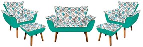 Kit 01 Namoradeira com 02 Poltronas e 02 Puffs Opala Composê Suede com Estampado Traçado Azul D33 Pés Palito Castanho - Verde Turquesa