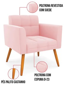 Kit 1 Sofá Namoradeira e 1 Poltrona Elisa Suede Pés Palito Castanho D03 - D'Rossi - Rosa Bebê