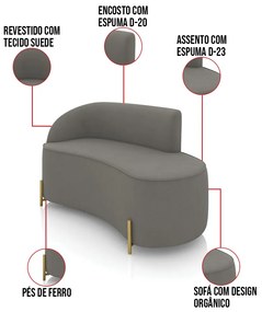 Sofá 2 Lugares Orgânico 140cm Pé Dourado Morgan Suede D03 - D'Rossi - Grafite