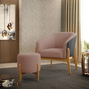 Poltrona e Puff Decorativo Base Madeira Stella PU Preto/Bouclê D03 - D'Rossi - Rose