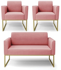 Sofá Namoradeira com 2 Poltronas Base Industrial Dourado Marisa Suede D03 - D'Rossi - Rose