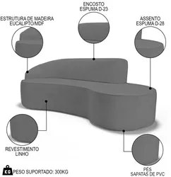 Sofá Living  3 Lugares 210cm Braço Esquerdo Mozart D06 Linho Cinza Esc