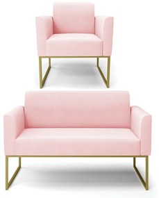 Sofá Namoradeira com Poltrona Base Industrial Dourado Marisa Suede Rosa Bebê D03 - D'Rossi