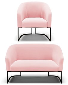 Sofá Namoradeira e Poltrona Base Industrial Preto Stella Suede D03 - D'Rossi - Rosa Bebê