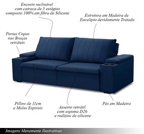 Sofá Retrátil e Reclinável 2 Lugares 205CM Kent Porta Copos no Braço Veludo Azul G22 - Gran Belo