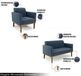 Conjunto Poltrona e Namoradeira Decorativa Isabella Pés Fixo em Madeira Castanho Suede Azul Marinho G19 - Gran Belo