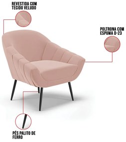 Kit 01 Namoradeira 02 Lugares e 02 Poltronas Giovana Veludo Pés Palito De Ferro D03 - D'Rossi - Rose