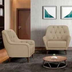 Kit 2 Poltronas Decorativas para Sala com Capitonê Pietà Z32 Linho Beg