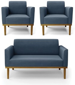 Sofá Namoradeira com 2 Poltronas Base de Madeira Fixa Castanho Marisa Suede D03 - D'Rossi - Azul Marinho