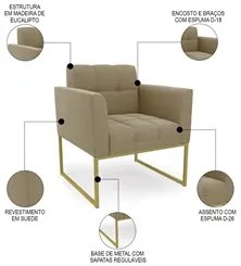Poltrona Base Industrial Dourado Kit 2 Ana Suede Marrom RT - Ibiza