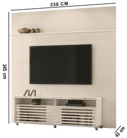 Painel TV 75 Pol 238cm Ripado Kalven com Rack Bancada Nerion Calacata/Off White M20 - D'Rossi