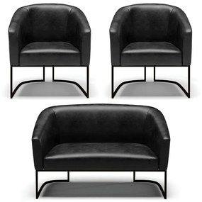 Namoradeira e 2 Poltronas Industrial  Preto Stella Sintético PU D03 - D'Rossi - Preto