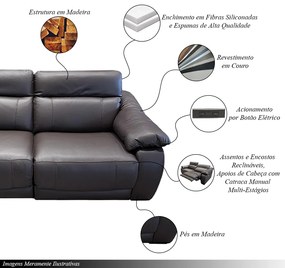 Sofá Elétrico Sala de Estar Reclinável Concepción U076 224cm Modulado Botão Elétrico Couro Marrom G49 - Idea Relax By Natuzzi Group