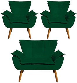 Conjunto 2 Poltronas e 1 Namoradeira Pés Palito Charger Suede Verde G19 - Gran Belo