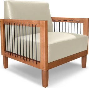 Poltrona Sala de Estar Pés Madeira Maciça Corda Náutica Preta 75cm Manila PU Bege G63 - Gran Belo