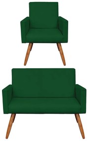 Kit 01 Namoradeira com 01 Poltrona Larissa Suede Pés Palito Castanho D'Rossi - Verde