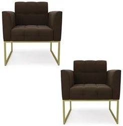 Poltrona Base Industrial Dourado Kit 2 Ana Suede Marrom - Ibiza