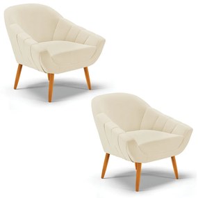 Kit 02 Poltronas Giovana Linho Bege A19 Pés Palito Castanho - Indo Decorar