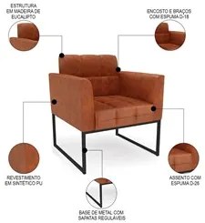 Sofá Namoradeira e 2 Poltronas Base Industrial Preto Ana Sintético PU