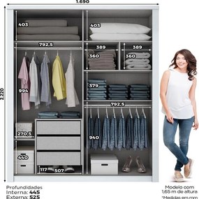Guarda Roupa Roupeiro 2 Portas com Espelho 3 Gavetas Branco